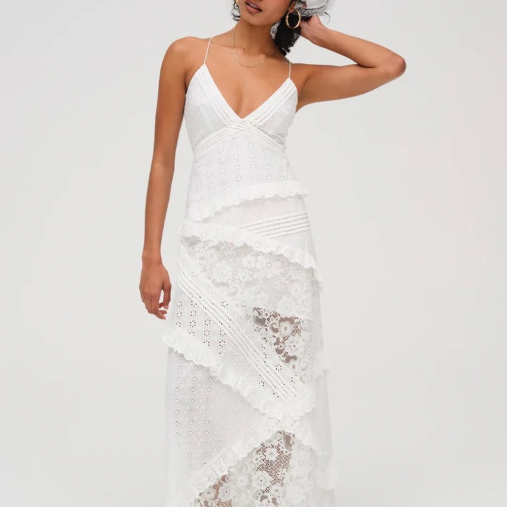 For Love & Lemons White Lace Maxi Dress with Spaghetti Straps